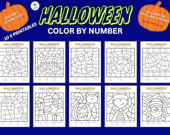 Halloween Color by Numbers Printables, digital download, kids colour by numbers arts crafts activities