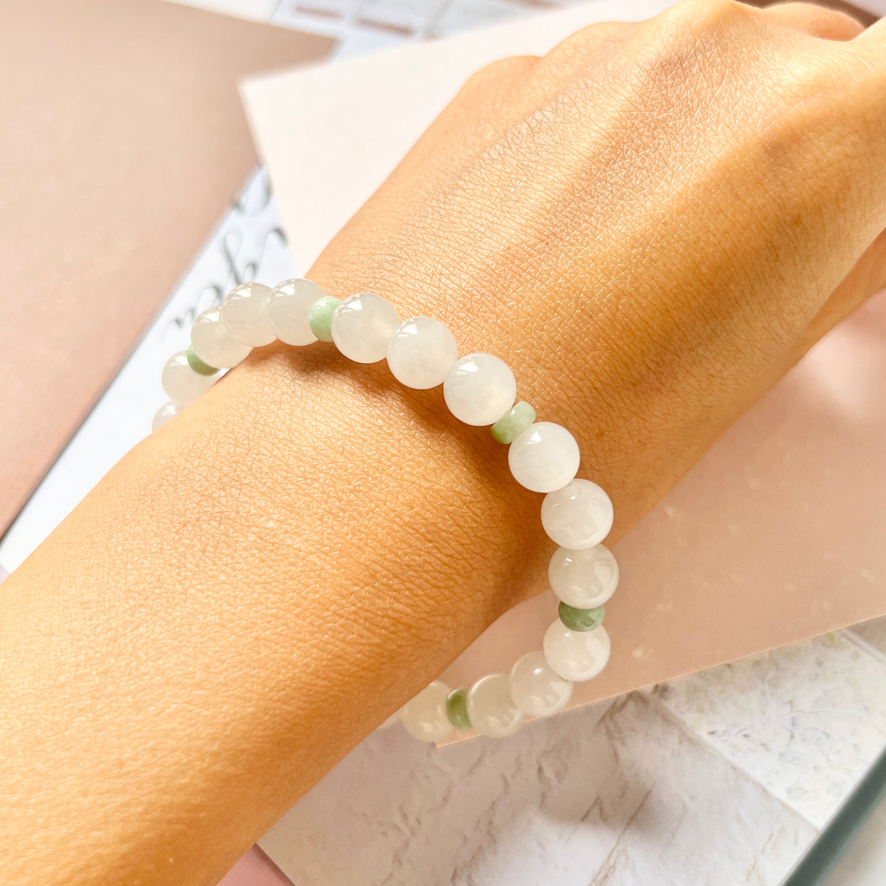 8.4mm A-grade Natural White and Green Jadeite Beaded Bracelet No