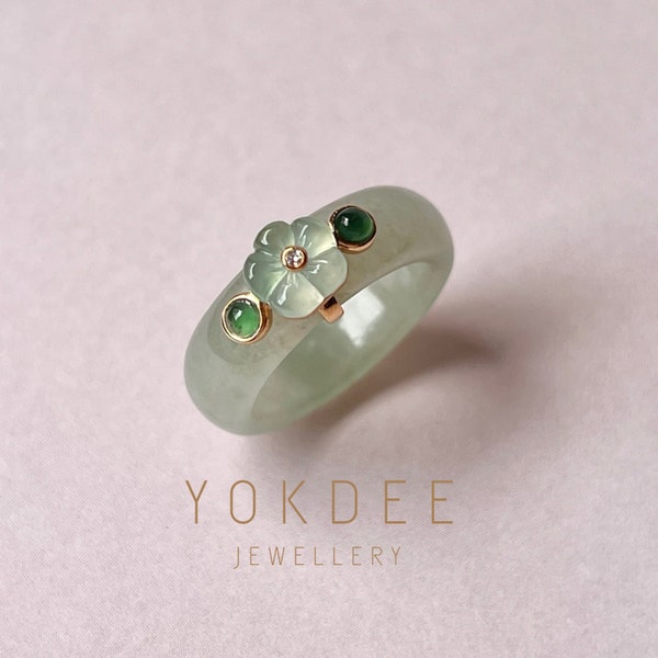 15.2mm A-Grade Natural Jadeite Joseon Dynasty Plum Blossom Ring (Maehwa) No.162373, joseon ring, plum ring, gift for her, jade ring