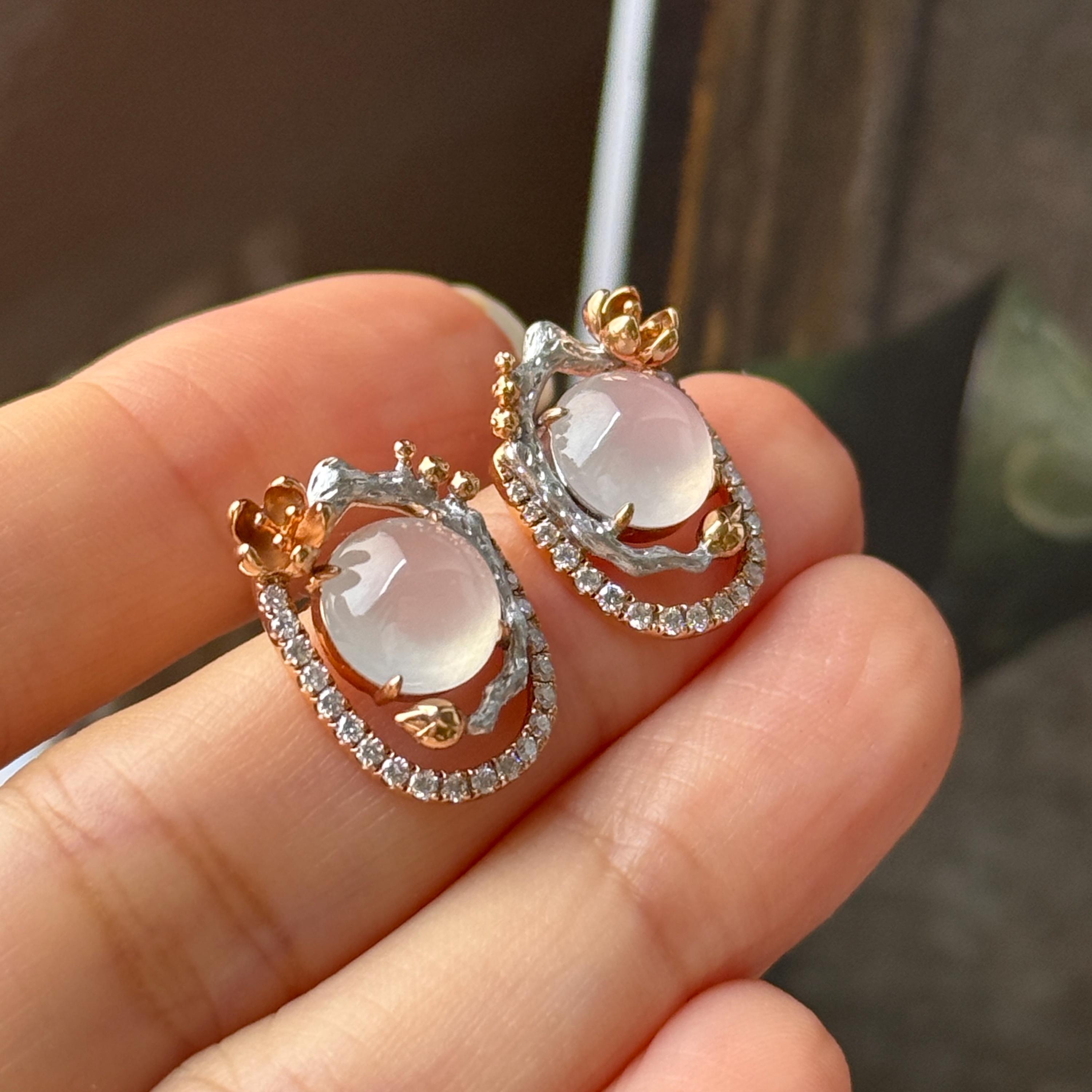 Icy A-grade Natural Jadeite Cabochon Sakura Stud Earring No