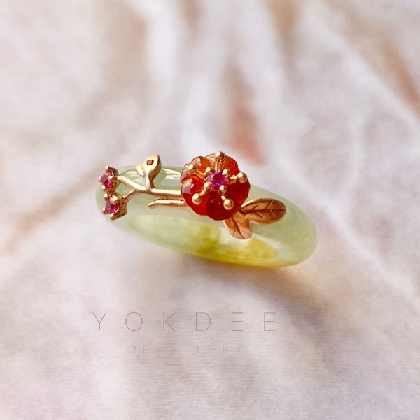 15.1mm A-Grade Natural Yellow Jadeite Joseon Ring (Red Sakura Flower) No.162285, Lunar New Year Charming Ring