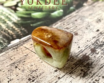 15.2mm A-Grade Natural Earthy Tone Jadeite Saddle Ring Band No. 161407, gift for him, hololite jade ring, statement ring, modern jade ring