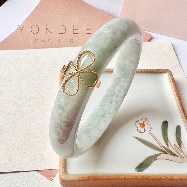 58mm A-Grade Natural Light Green Jadeite Modern Round Bangle with M.Petals Embellishment No.151977, Bespoke, Birthdays gifts, Gifts for her.