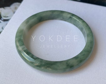 56.4mm A-Grade Natural Floral Bluish Green Jadeite Modern Round Bangle No.151936