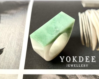 16.2mm A-Grade Natural Green White Jadeite Ring Band No.161982, gift for him, hololite jade ring, statement ring, modern jade ring