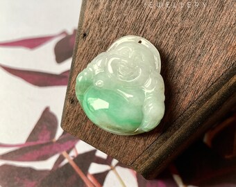 A-Grade Natural Moss On Snow Jadeite Buddha Pendant No.220170, jade buddha, jade carving, religious gift, gift for him, laughing buddha