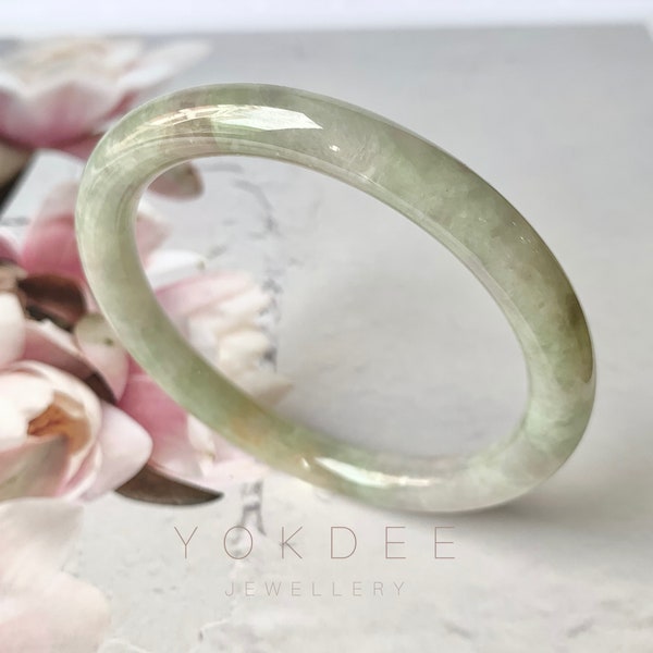 ESAURITO: braccialetto rotondo tradizionale in giadeite verde lavanda naturale di grado A da 53,9 mm n. 330029, braccialetto naturale non trattato