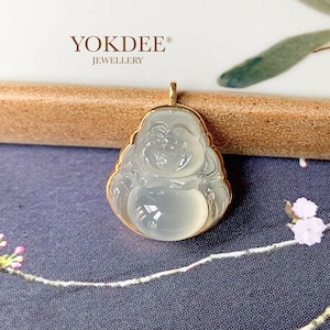 Icy A-Grade Natural Jadeite Buddha Pendant, 18k Champagne Gold No.171579, Natural Jadeite Stone,Fei Cui