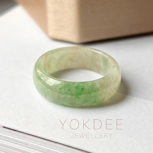 19.1mm A-Grade Natural Moss on Snow Jadeite Abacus Ring Band No.162182, jade ring, green jade ring, hololite jade ring, joseon dynasty