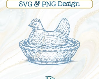 Glass Hen On Nest SVG + PNG, Sketch Drawings Thrift Antique Lover Design (Digital Download)