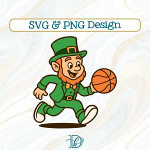 May include: A cartoon leprechaun in a green suit and hat, holding an orange basketball. The leprechaun is running and smiling. The image includes the text "SVG & PNG Design" in a banner.