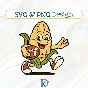 Puede incluir: Ilustración de dibujos animados de una mazorca de maíz feliz corriendo y sosteniendo un balón de fútbol. El maíz es amarillo con hojas verdes y zapatos marrones. La imagen incluye el texto "SVG & PNG Design".