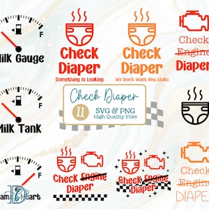May include: A collection of digital graphics with baby-related themes. The designs include diaper and engine check symbols, fuel gauges, and text that reads "Check Diaper" and "Milk Gauge". The graphics are in orange, black, and white.