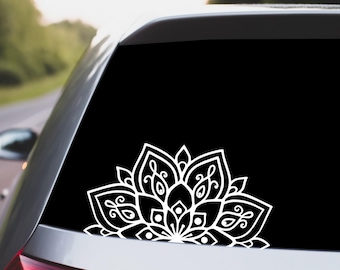 Clean - Glossy White Half Mandala Decal for Car Window, Mirror, Laptop; 14" 11" 9" 7" 5" 4" Wide Vinyl Sticker - Free Ship