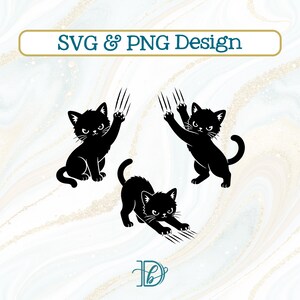 Peut inclure: Conception SVG et PNG de chat noir. Trois silhouettes de chats noirs dans diverses poses, dont gratter et s'asseoir. L'image comprend le texte "SVG & PNG Design" dans une bannière.