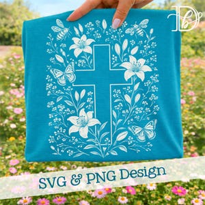 Easter Lily Cross SVG + PNG, Christian Butterfly Botanical Floral Bee Etching Design (Digital Download)