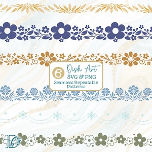 Könnte beinhalten: Digitalgrafik mit sechs nahtlosen, wiederholbaren Mustern. Die Muster zeigen Blumen- und Weizenmotive in Gold-, Blau- und Brauntönen. Der Text "Dish Art SVG & PNG Seamless Repeatable Patterns" ist enthalten.