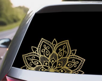 Classic - Gold Metallic Half Mandala Decal for Car Window, Mirror, Laptop; Bronze Brass 11" 9" Vinyl Sticker - Free Ship