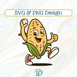 May include: A cartoon illustration of a happy corn character holding a baseball and giving a thumbs up. The corn is yellow with green leaves, red shoes, and the text "SVG & PNG Design" in a banner above.