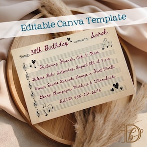 Puede incluir: Una plantilla de invitación de color beige con notas musicales y el texto "30th Birthday". La invitación incluye detalles como la fecha, la hora, el lugar y la información de RSVP. Las palabras "Editable Canva Template" están en la parte superior.