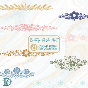 Op de afbeelding: Een verzameling van acht bloemen en botanische SVG- en PNG-bestanden. De ontwerpen omvatten verschillende bloemenranden in kleuren zoals goud, roze, blauw en bruin. De tekst "Vintage Dish Art" is ook inbegrepen.