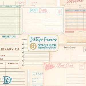 May include: A collage of vintage paper ephemera, including postcards, invoices, and library cards. The image features a variety of designs with text and decorative elements, such as musical notes and floral accents. The text "Vintage Papers" is also visible.
