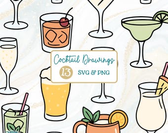 Cocktail Drawings SVG + PNG Bundle, Cartoon Line Art Designs with Margarita, Pina Colada, Martinis, Old Fashioned, Wine (Digital Download)