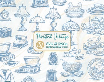 Whimsical Thrift Drawings SVG + PNG Bundle, Vintage Antiques Thrift Shop Lover Clipart (Digital Download)