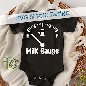 May include: Black baby bodysuit with a white "Milk Gauge" design. The design features a gauge with a needle pointing towards empty, and the text "Milk Gauge" below. The bodysuit has three poppers at the bottom.