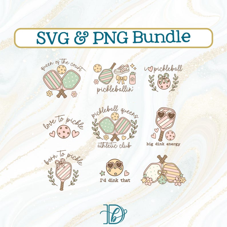 May include: A collection of SVG and PNG graphics featuring pickleball-themed designs. The designs include pickleball paddles, balls, and phrases like "Queen of the Court" and "I love pickleball." The color palette includes pastel pink, green, and beige.