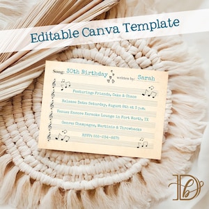 Puede incluir: Una tarjeta de invitación beige con notas musicales y texto, incluyendo "30th Birthday" y "Sarah". La tarjeta está sobre un fondo texturizado blanquecino. El texto "Editable Canva Template" está en la parte superior.