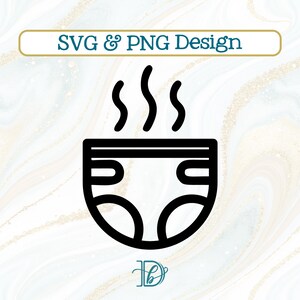 May include: Black and white SVG and PNG design of a nappy with steam rising from it. The nappy has a curved shape with two rectangular tabs on the sides. The text "SVG & PNG Design" is above the nappy.