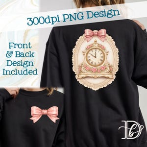 Puede incluir: Sudadera negra con un lazo rosa en la parte delantera y un diseño de reloj vintage en la parte trasera. El diseño del reloj incluye un lazo rosa, rosas y un marco adornado. El texto de la imagen dice "300dpi PNG Design" y "Front & Back Design Included."