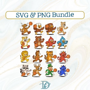 Op de afbeelding: Een verzameling cartoon dieren, elk dribbelend met een basketbal. De dieren omvatten een stier, adelaar, beer, leeuw, wasbeer en anderen. De tekst "SVG & PNG Bundle" staat bovenaan. Het ontwerp is kleurrijk en speels.