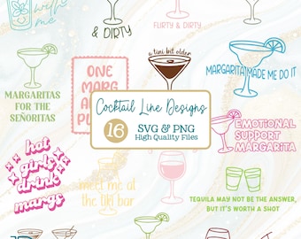 Cocktail Designs SVG + PNG Bundle, Cartoon Line Art Designs with Margarita, Pina Colada, Martinis, Old Fashioned, Wine (Digital Download)