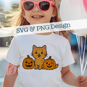 May include: White t-shirt featuring a cartoon cat with orange and brown stripes, flanked by two jack-o'-lanterns. The shirt has the text "SVG & PNG Design" in teal. The child is wearing pink sunglasses and holding balloons.