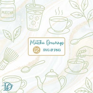 May include: Line art illustrations of matcha-related items, including a jar labeled "Matcha", a cup of tea, a whisk, and a teapot. The image also includes the text "Matcha Drawings 12 SVG & PNG". The background has a marbled effect.
