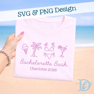 May include: A pale pink t-shirt featuring a purple beach-themed design. The design includes an ice cream cone, palm tree, bikini, and cocktail. Text on the shirt reads "Bachelorette Bash Charlotte 2026". The words "SVG & PNG Design" are at the top.