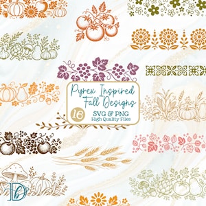 May include: A collection of 16 digital graphic designs featuring Pyrex Inspired Fall Designs text. The illustrations include orange, brown, green, and pink line art of pumpkins, sunflowers, tomatoes, grapes, wheat, mushrooms, and pears.