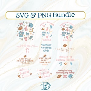 Puede incluir: Un paquete SVG y PNG con diseños de fútbol fantasy. Los diseños incluyen balones, cascos y camisetas, con texto como "Girl's Club" y "Fantasy Football Girly". La paleta de colores incluye rosa, azul y marrón.