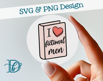 Peut inclure: Un design numérique avec un livre, un cœur et le texte "I love fictional men". Le design est dans un cercle avec le texte "SVG & PNG Design" au-dessus. Une main touche le cercle.
