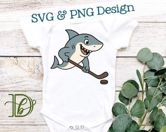 Mascotte di squalo da hockey in stile cartone animato SVG + PNG, clipart di squadra di hockey per bambini, design divertente per maglietta da partita (design digitale)