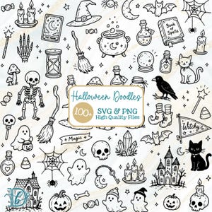 Peut inclure: Une collection de gribouillages au trait noir et blanc sur le thème d'Halloween avec des fantômes, citrouilles, crânes, chats, chauves-souris, chaudron, balai et grimoire. Le texte central indique Halloween Doodles 100+ SVG & PNG High Quality Files.