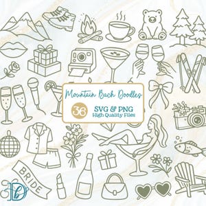 May include: A collection of hand-drawn doodles in a neutral color palette. The image includes illustrations of mountains, a campfire, a camera, martini glasses, champagne flutes, and the text "Mountain Bach Doodles".