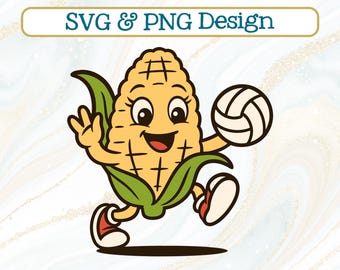 Volleyball Cartoon Corn Mascot SVG + PNG, Kids Corn Cob Volleyball Team Clipart, Funny Game Day Shirt Design (Digital Design)