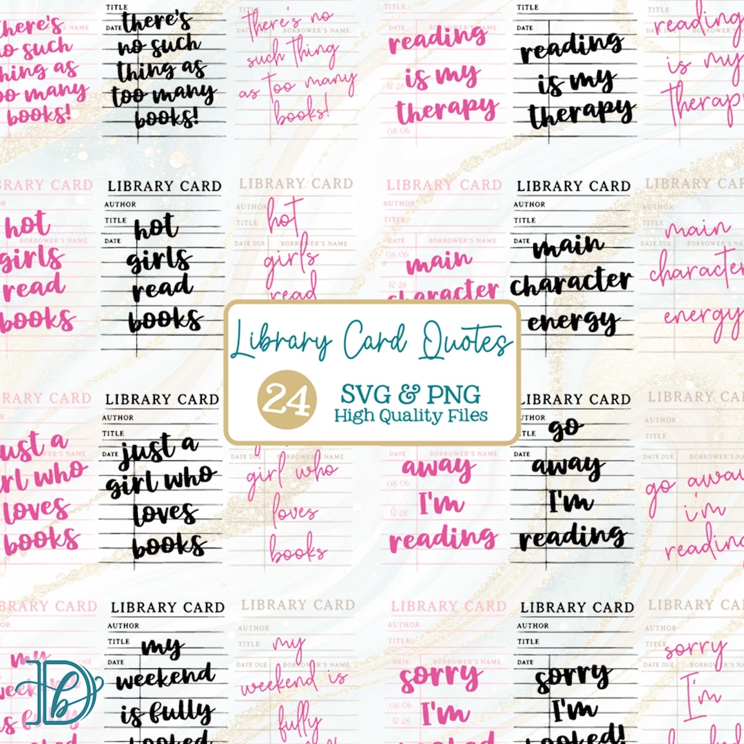 Library Card Phrase 24 Library Card Quotes SVG + PNG Bundle, Vintage Book Lover Typewriter ...