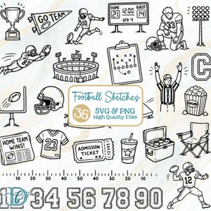 Op de afbeelding: Een verzameling zwart-wit lijntekeningen met American football-thema's, waaronder een trofee, spelers, een stadion, een scorebord, een klembord, een scheidsrechter, een shirt, een ticket, een koelbox en een klapstoel met tekst.