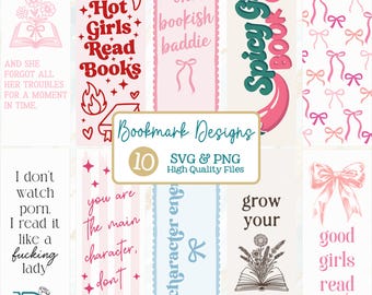 Bookmarks SVG + PNG Bundle, Book Lover Printable Designs (Digital Download)