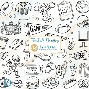 Puede incluir: Una colección de garabatos en blanco y negro con temática de fútbol americano, que incluye un estadio, un jugador, una animadora, un balón, una camiseta, un silbato, un megáfono, una entrada, un dedo de espuma y snacks como hamburguesas y perritos.