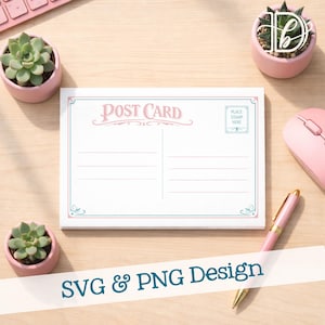 May include: A stack of white postcards with a pink and teal border and the words "Post Card" in pink script. The postcards have lines for writing and a space for a stamp. The text "SVG & PNG Design" is at the bottom.